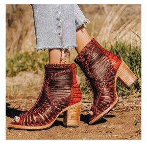 Freebird By Steve Bela Red Wine Caged Peep-Toe Ankle Boots - Size 10